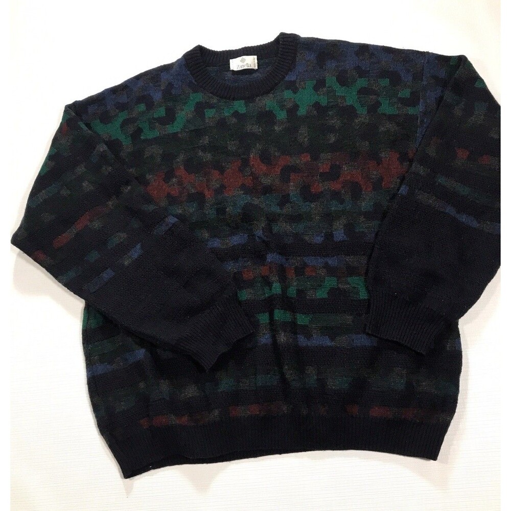 VTG Zanella Wool Blend Sweater 90s Mens Small Made ITALY Geometric Knit Pullover